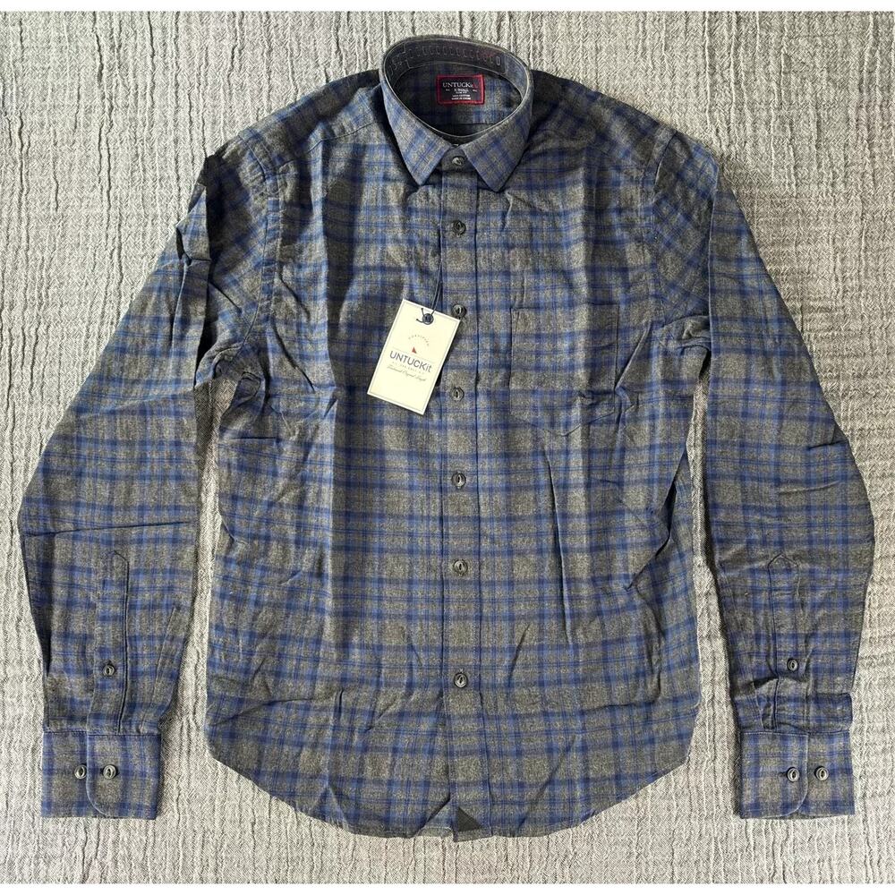 UNTUCKit Men Macari X-SMALL‎ XS Slim Fit Flannel Plaid Check Gray Blue Cotton